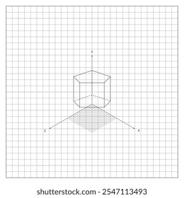 Imagen del pentágono volumétrico en una cuadrícula de coordenadas en una hoja de papel a cuadros. Hoja de papel escolar forrada en una jaula con dibujo matemático de pentágono volumétrico. Vector blanco y negro simple