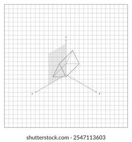 Imagen de triángulo volumétrico alargado a lo largo de la cuadrícula de coordenadas en la hoja de papel a cuadros del cuaderno. Hoja de papel escolar forrada en una jaula con dibujo matemático de triángulo volumétrico. Vector