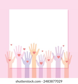Image of volunteers of different races holding hands with heart symbols. Expression of social care images.