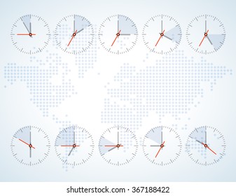 Image of a wall clock on a background map of the world with continents bright tones