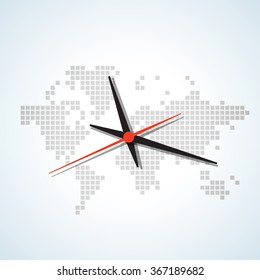 Image of a wall clock on a background map of the world with continents bright tones