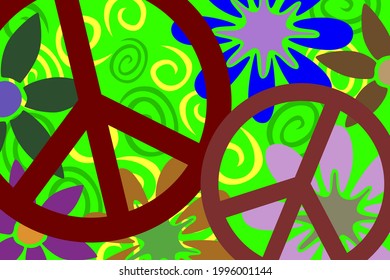 The image of wallpaper in the form of a hippie icon on a background of colored flowers. Vector illustration.