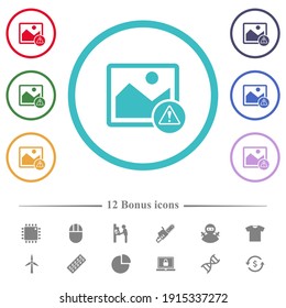 Image warning flat color icons in circle shape outlines. 12 bonus icons included.