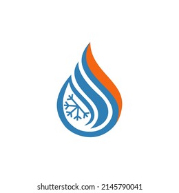 an image of water droplets with variations of snow which means cooling and the orange fire symbol symbolizes heating