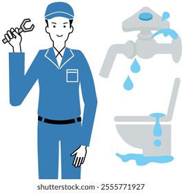 An image of water leaking from a faucet and an illustration of a plumber