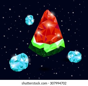The image of watermelon slices of geometric objects flying in space surrounded by glass apples consisting of triangles.