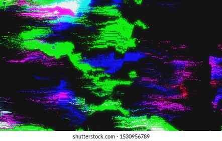 Image wave distorted video. Green, blue and red digital noise on a dark background. Abstract wallpaper of a damaged television broadcast. Vector illustration.