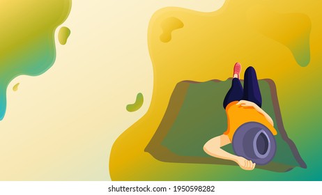 Image for the website a girl in a hat lies and rests on a carpet against a background of colorful circles