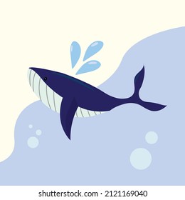 Image of whale blowing water on cute yellow and blue background with decorative bubbles. Blue large whale character design