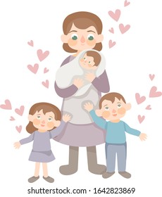 the image in which the mother is holding a newborn baby in her arms, and next to her are a daughter in a lilac dress and a son in a blue suit.
stock isolated illustration on white background for print