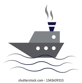 An image in which smoke is coming out of the chimney of a big gray ship sailing in water vector color drawing or illustration