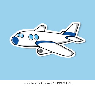 Image of white airplane cartoon. Isolated on blue background. Suitable for coloring book children, stickers, t-shirts. Vector illustration, editable eps 10.