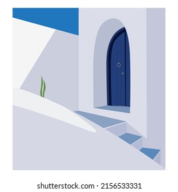 Image of a white building with a blue door.