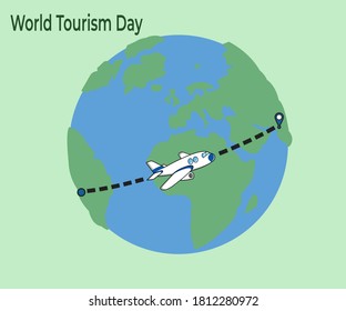 Imagen de avión blanco de dibujos animados con puntos de trayectoria de vuelo sobre la tierra, y inscripción verde del Día Mundial del Turismo. Aislado sobre un fondo verde. Ilustración vectorial, pasos editables 10.