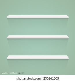 Image of white floating shelves against a colorful green background.