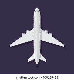 Image of white jet airplane on dark background. View from above. Flat style vector illustration.