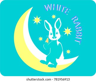 Image with white rabbit on the moon, illustration for children books or good logo for children stores