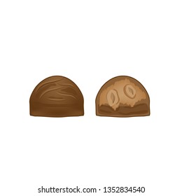 The image of a whole chocolate candy and its cut in the style of realism