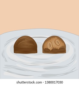 The image of a whole chocolate candy and its cut on milk in the style of realism