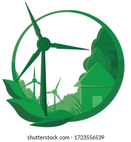 Image of wind generators for the production of electricity on the background of the house, circled as an emblem