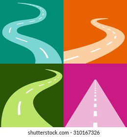 An image of a winding and curving road icon set.