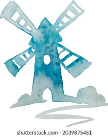 Image of a windmill in watercolor technique in blue tones