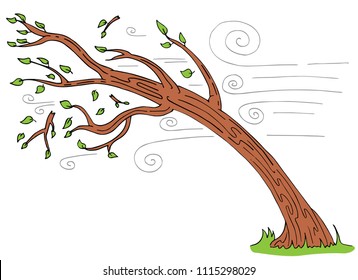 An Image Of A Windy Day Tree Bending Broken Branches Cartoon.