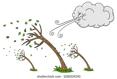 An image of a Windy Day Trees and Cloud Blowing Wind cartoon.