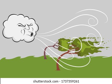  image of a Windy Day Trees and Cloud Blowing Wind cartoon. vector illustration