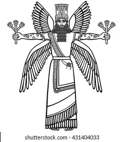  Image of a winged Assyrian deity. Character of Sumerian mythology. Black-and-white vector illustration. Isolated on a white background.