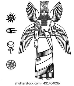  Image of a winged Assyrian deity. Character of Sumerian mythology.  Set of space solar symbols. Black-and-white vector illustration. Isolated on a white background.
