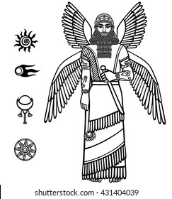  Image of a winged Assyrian deity. Character of Sumerian mythology. Set of space solar symbols. Black-and-white vector illustration. Isolated on a white background.
