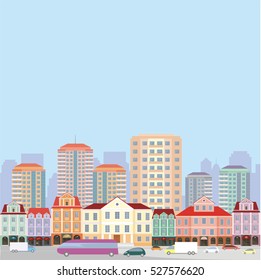 The image of a winter city. Snow-covered streets with small old houses and high-rise buildings in the background. Vector illustration