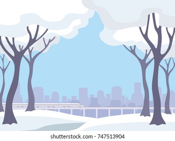 The image of a winter city. Snow-covered trees and modern buildings. Vector background.