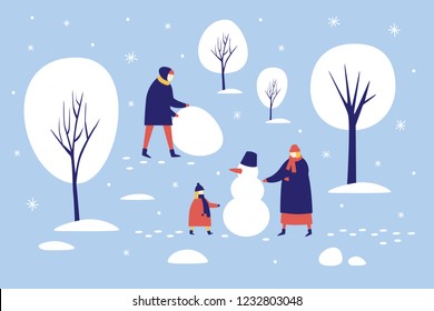 Image of winter family walk in snowy park. People make a snowman in the forest. The concept of active recreation. Happy winter holidays. Vector colorful seasonal illustration.