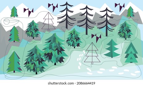 Image with winter landscape in a forest, doodle style, objects are isolated