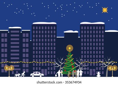 The image of the winter night city on New Year's Eve celebration