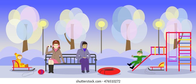 Image of winter park and mothers with children on playground