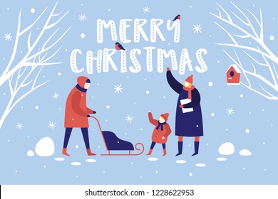 Image of winter walk in snowy park. Parents with a child look at bullfinchs. Festive composition for New Year and Christmas. Happy winter holidays. Vector colorful seasonal illustration.