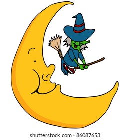 An image of a witch flying across the moon.