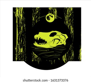 Image of a wolf skull surrounded by trees. Above the skull is an image of the moon and the night sky. Engraving style.
