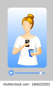 Image of woman blogger, scroll and play button on computer screen. Cartoon vector illustration of webinar, vlog, online education cources, distance learning, social media. Influencer, opinion leader