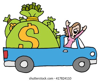 An image of a woman driving away with runaway savings moneybags.