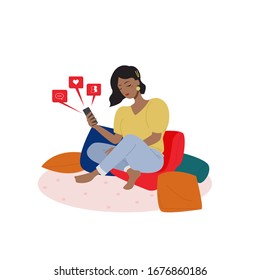 Image of woman enjoying me time at home using her social media. Self quarantine at home to avoid corona virus. Comfortable and casual. Flat vector design isolated on white.