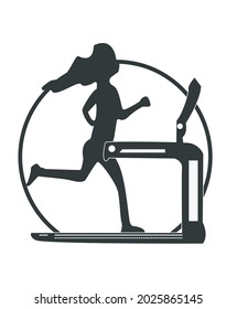 the image of a woman exercising using a running machine to maintain fitness during a pandemic is used as an illustration of sharing health and lifestyle