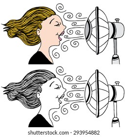 An Image Of A Woman With A Fan Blowing In Her Face To Cool Down.