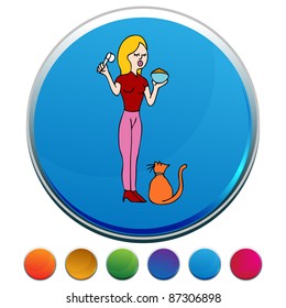 An image of a woman feeding a cat on a colorful button.