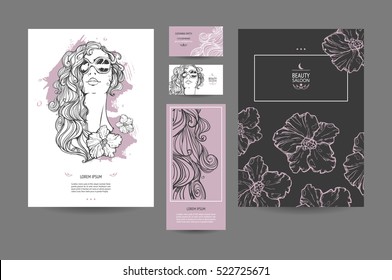 Image: Woman and flowers. Beautiful templates for business cards, flyers, posters, pages. It can be used as the design for the beauty salon or barber shop.