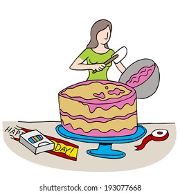 An image of a woman frosting a birthday cake.