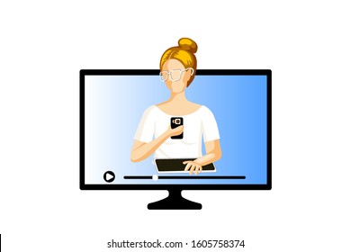 Image of woman in glasses, scroll and play button on computer screen. Cartoon style vector illustration of webinar, online education cources, distance learning worldwide. Home schooling concept, media